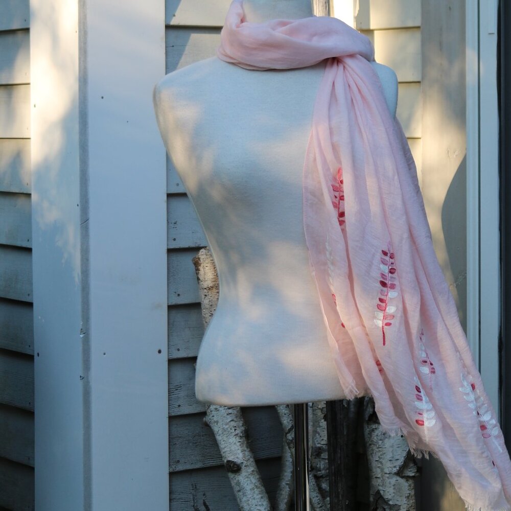 NEW Pale Pink Embroidered Leaves Lightweight Sheer Scarf